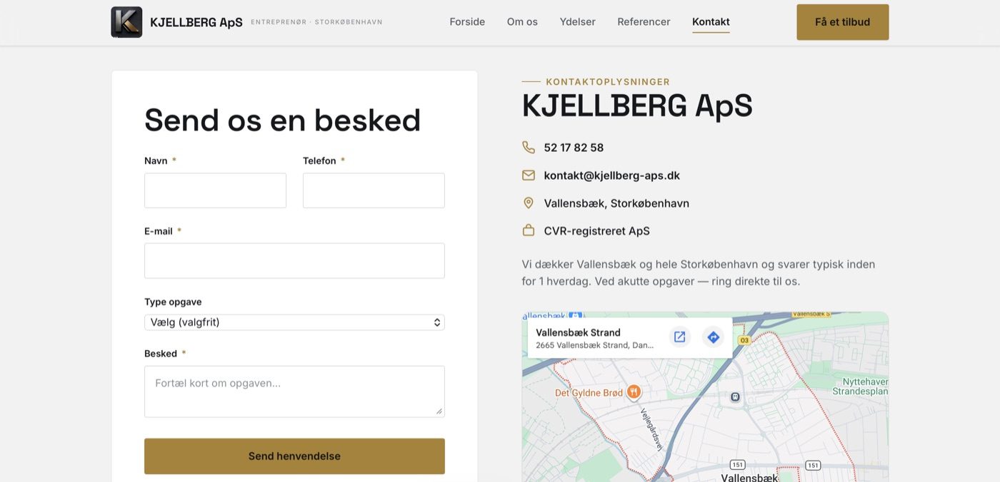 Kontaktsiden med kort og kontaktformular for KJELLBERG ApS